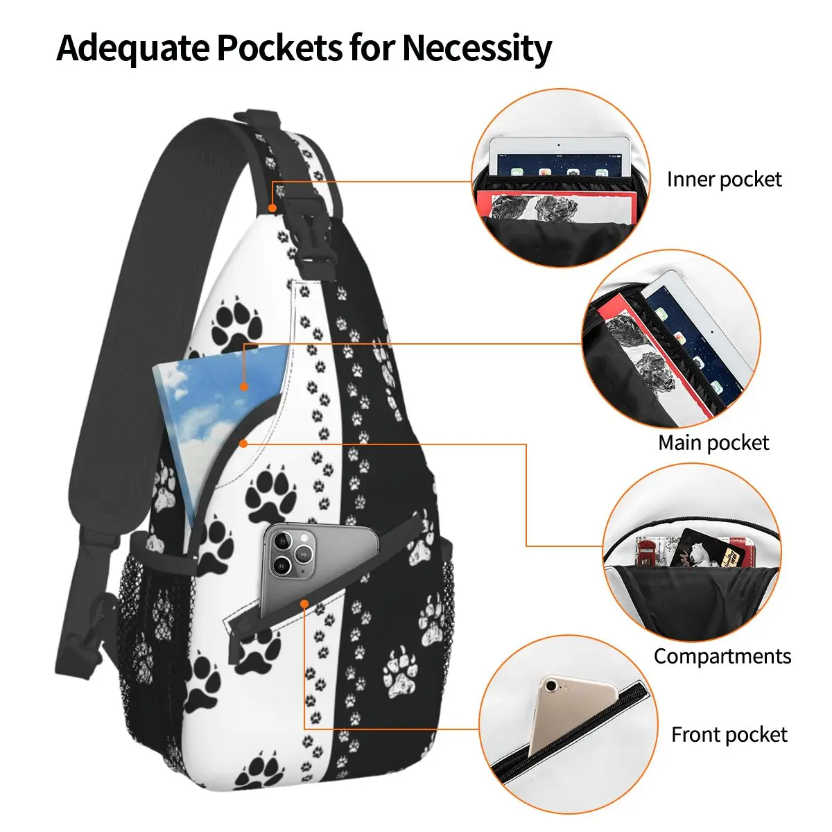 Dog Paw Animal Tracks Small Sling Bags Chest Crossbody Shoulder Sling Backpack Outdoor Sports Daypacks Cat Cute Printed Bag