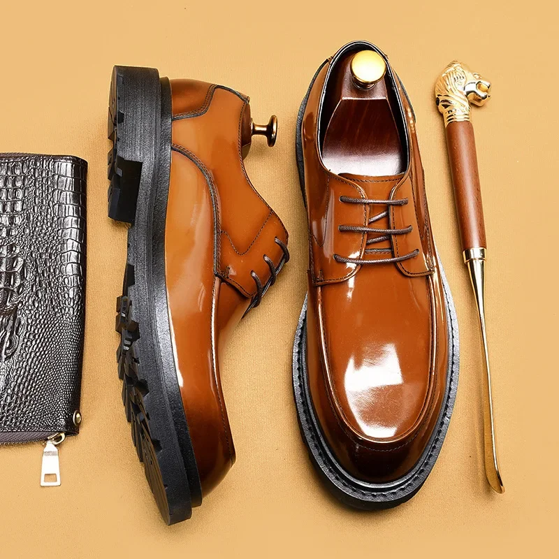 British Style Patent Leather Mens Derby Shoes Luxury Brand Handmade 2026 New Style Genuine Leather Quality Casual Business Shoes