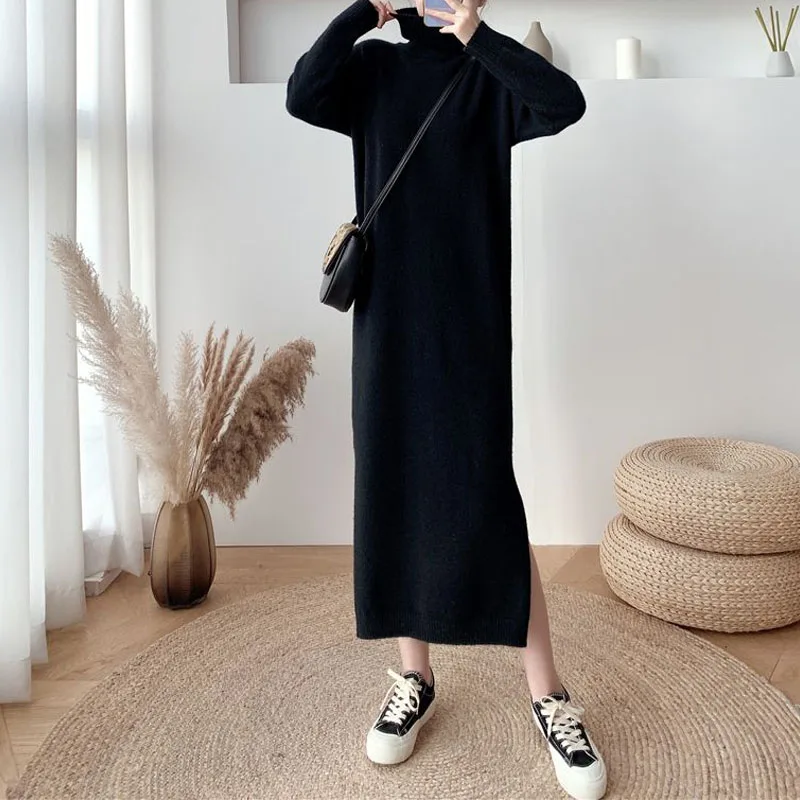 Fashion Elegant Lady Solid Sweaters Dress Autumn Winter Women's Clothing Long Sleeve Temperament Turtleneck Knitted Dresses
