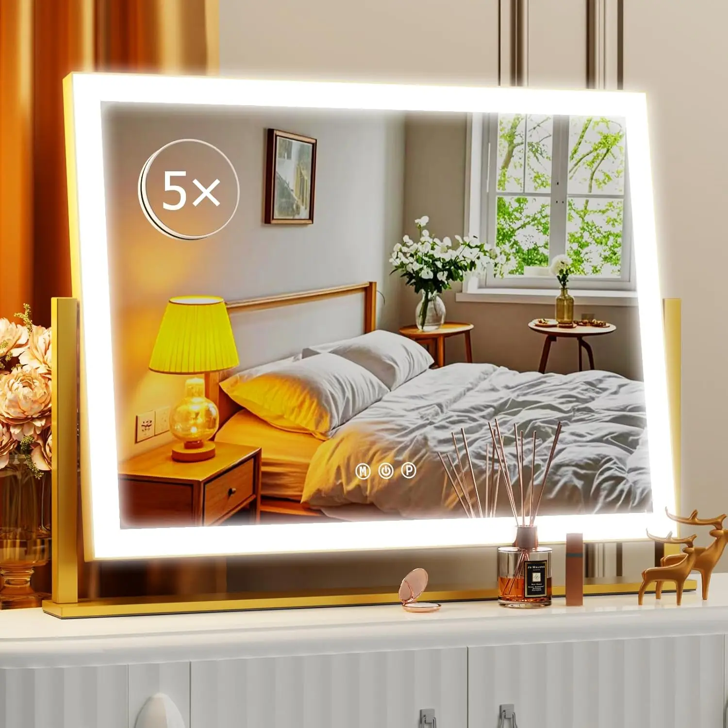 

17.3"x13" Hollywood Vanity Mirror with Lights, 3 Color Modes, 5X Magnification, Touch Control, 360° Rotation in Gold Gift Box
