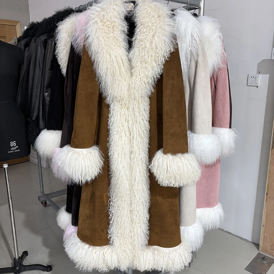 YOLOAgain Real Mongolia Sheep Fur Jacket Long Dark Brown Suede