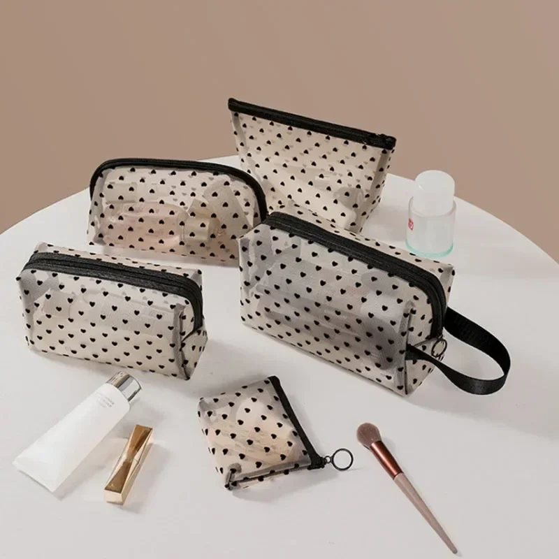 1PC Heart Zipper Transparent Mesh Cosmetic Bags for Women Girl Female Toiletry Brush Makeup Bag Storage Case Make Up Bags Pouch