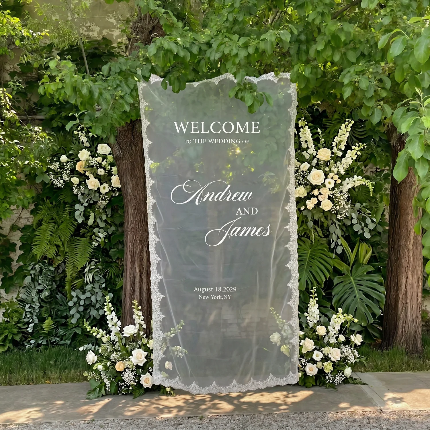 

Custom Wedding Welcome Sign Lace Fabric Sign Personalized Welcome Banner for Wedding Engagement Shower Party Outdoor Decor
