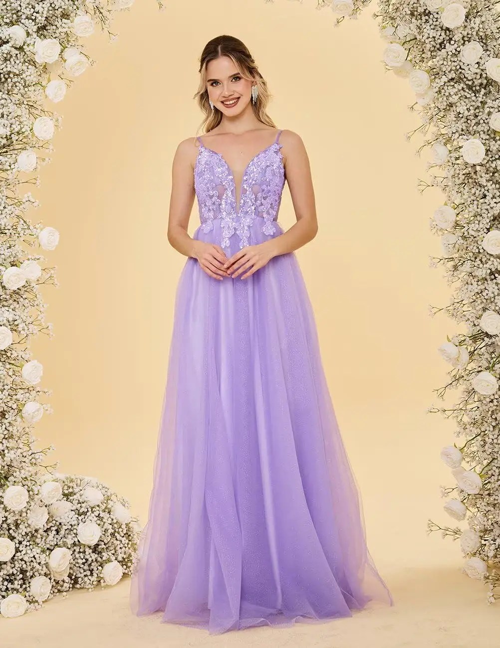 ディープ V ネック チュール プロムドレス 女性用 スパゲッティストラップ ロング レース アップリケ ボールガウン ロング A ライン イブニングドレス