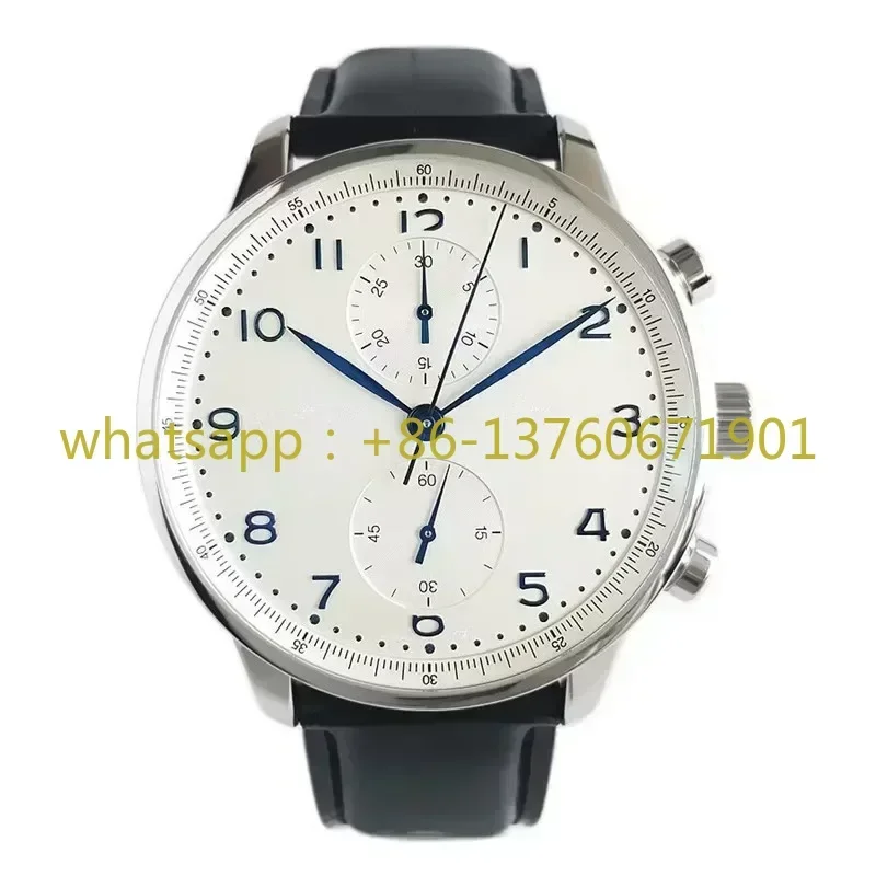 Luxury High Quality Dial Quartz Chronograph VK63 Portugueses Series Leather Watch Men Business Black White Wristwatch 43mm