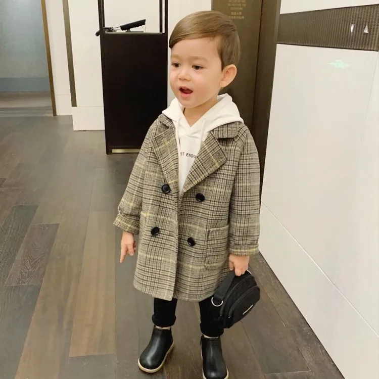 Coat Autumn Season New Boys Handsome Windbreaker Fashion Casual Woolen Overcoat Outerwear Soild Cool Warm Button