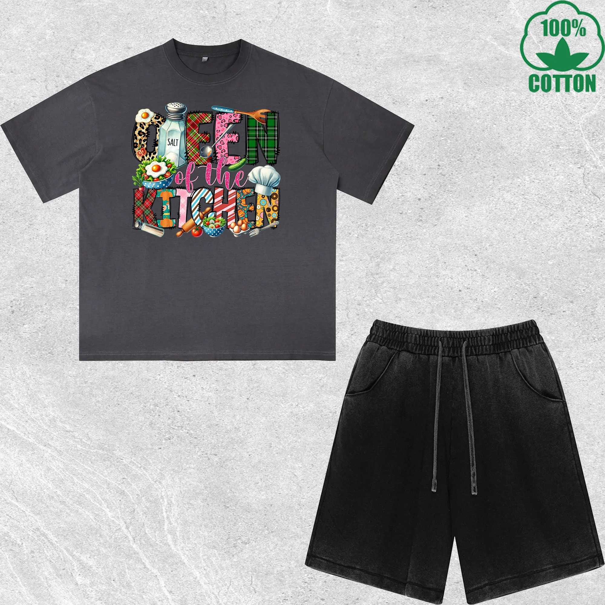 

Kitchen Printed Dirty Wash T-Shirt Shorts Set Combo Loose Trendy Fashionable 100%Cotton Short Value Pack