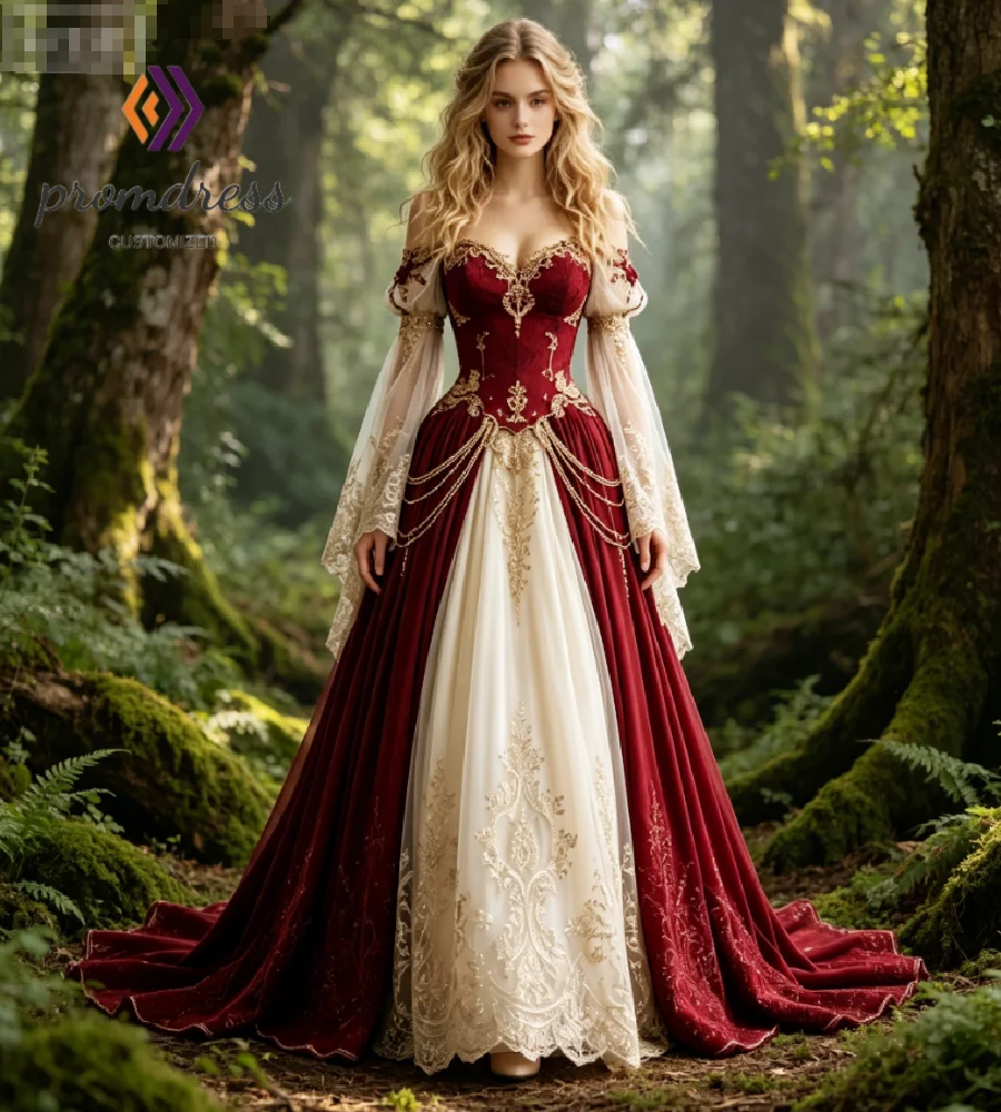 Enchanted Forest Red Velvet Medieval Wedding Dress 2026 Off Shoulder Victorian Celestial Whimsigoth Bridal Gowns Ombre Cosplay