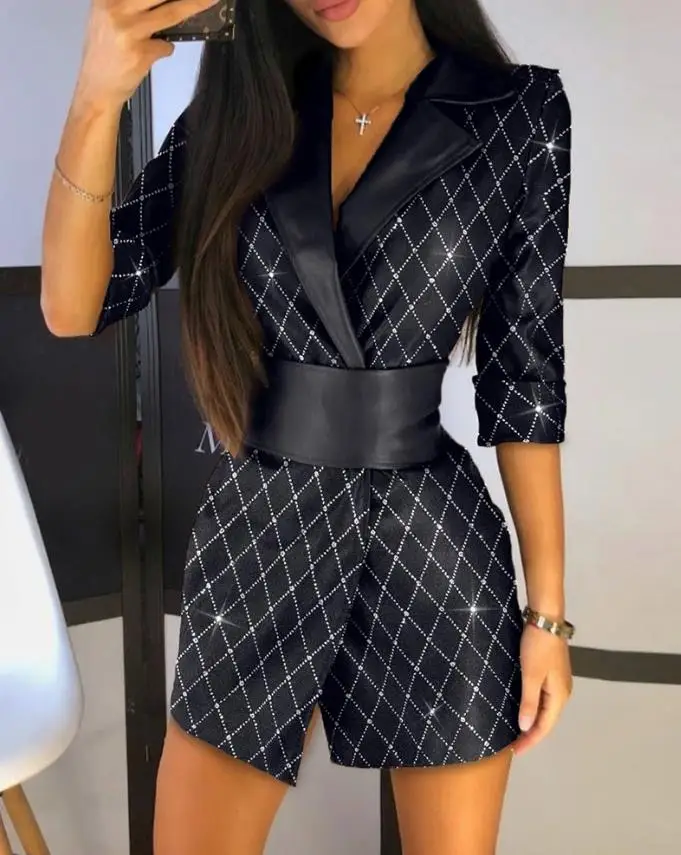 Blazer elegante de cuero Pu con estampado a cuadros para mujer, vestido negro de manga larga con purpurina, color block