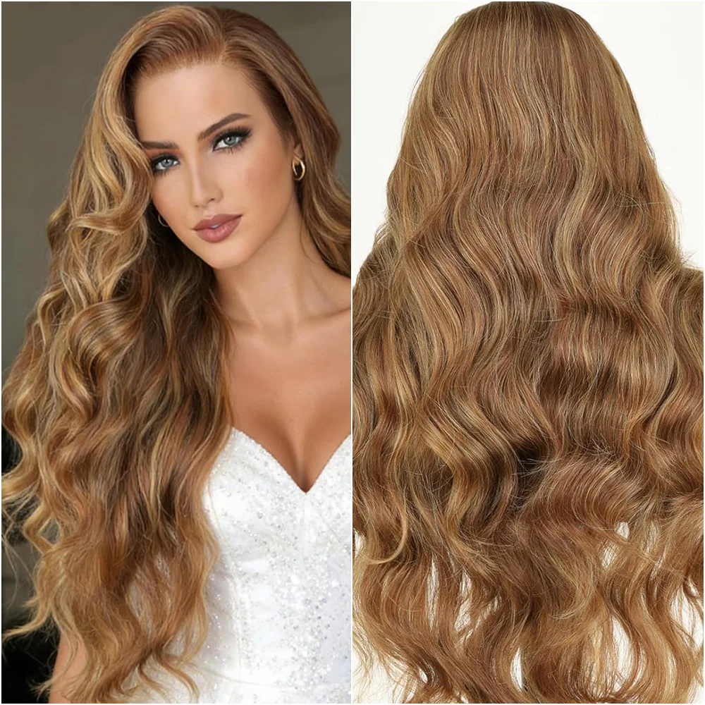 

Парик из натуральных волос с эффектом волны, цвет коричневый с мелированием, 13x6, с HD-кружевной передней частью 13x4, предварительно проработанный, медово-русый, для женщин