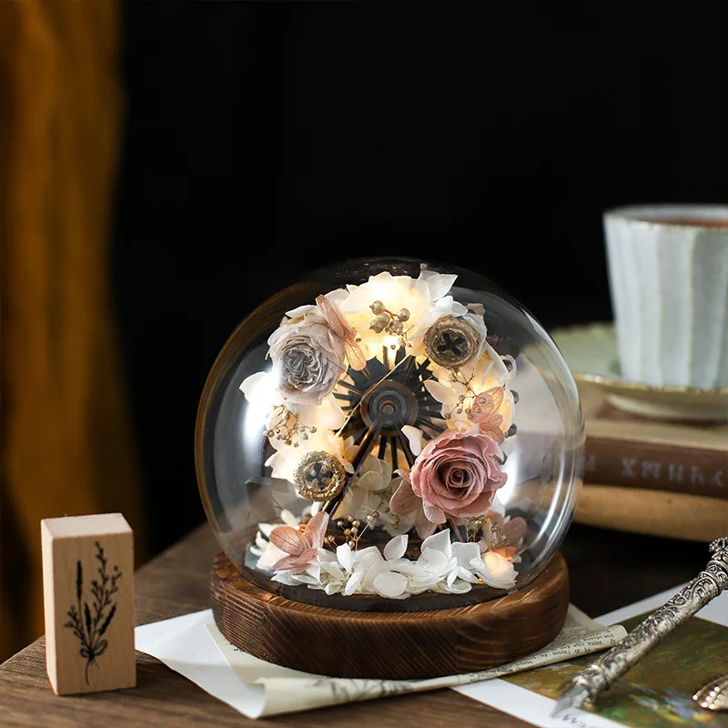 Diameter=13cm Round Glass Dome Vase Home Deocration Preserved Flower Luminous Antique EVA Base Transparent Cover Wedding Senvior