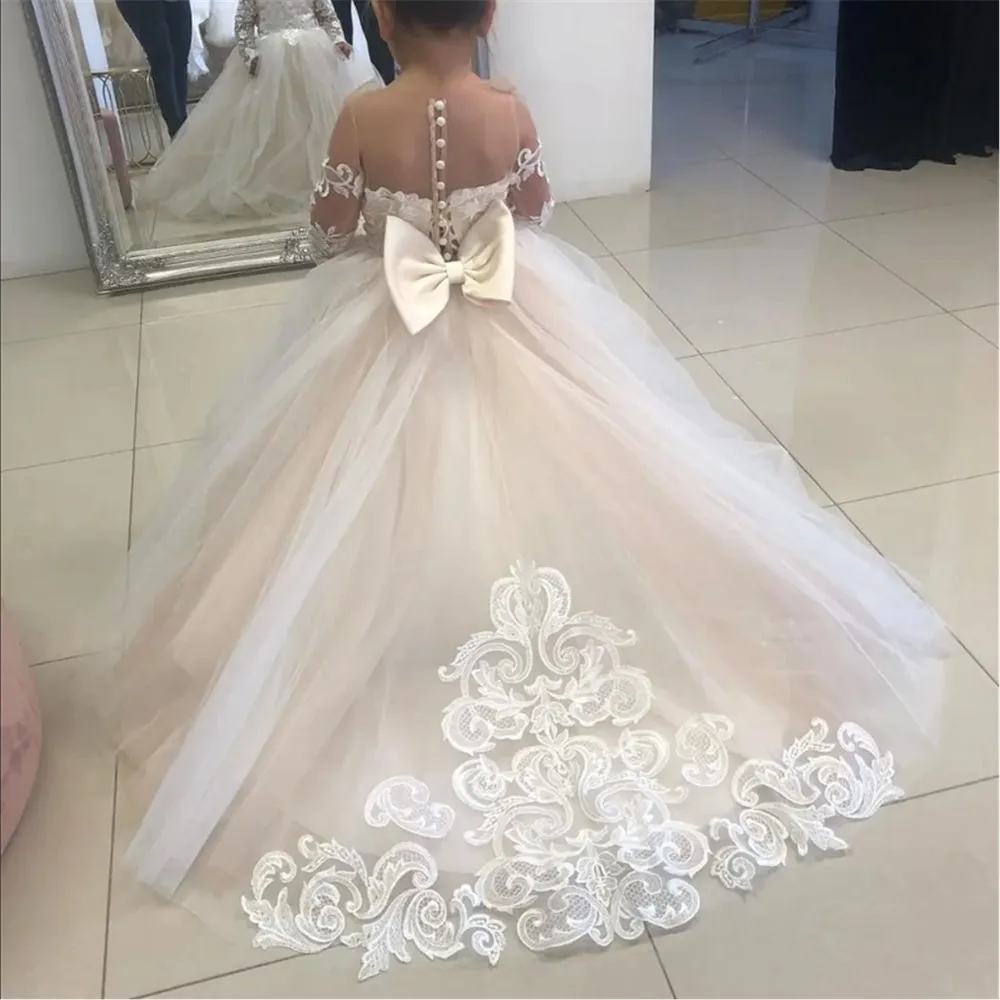 

Flower Girl Wedding Dress Long Sleeved Lace Chiffon Bow Children's Elegant Dress Princess Birthday Party Dress