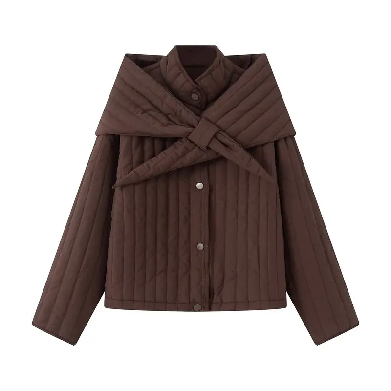 取り外し可能なスカーフ付きコットンジャケット、スタンドカラー、レディースアウター、春秋2025、ロング丈、ボタン留め、通勤スタイル
