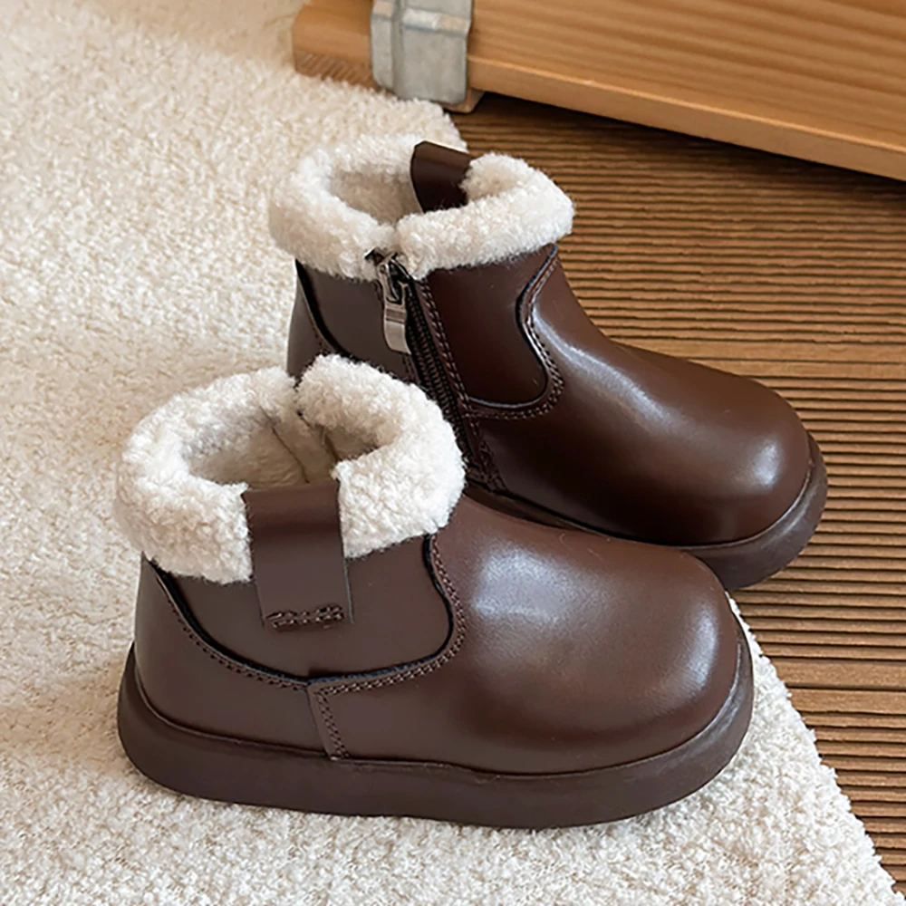 

Vintage Winter Boots For Girls PU Leather Waterproof Kid's Snow Boots Anti-slippery Children's Plush Boots Warm Cotton Shoes Kid