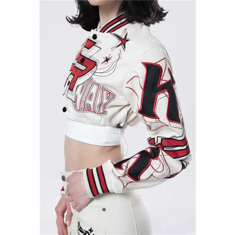 2024 Fashion American Embroidered Jacket Women Hipster Letter Print Autumn Casual Sporty Wild Streetwear Uniform Trend Crop Coat