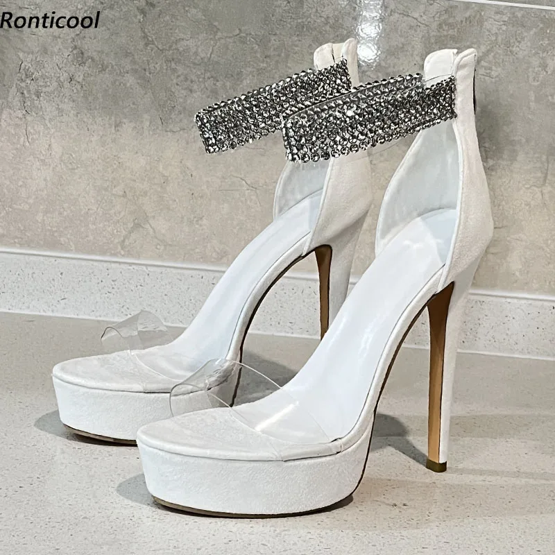 Ronticool Real Photos Women Platform Sandals Ankle Strap Thin Heels Peep Toe Pretty White Party Shoes Ladies US Size 5-20