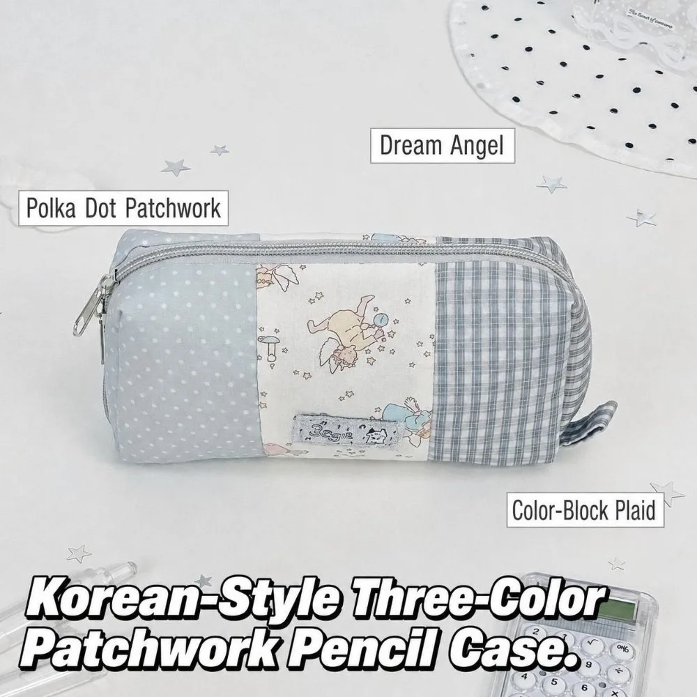 Durable Patchwork Pencil Case Floral Plaid Splicing Large Capacity Pen Bag Stationery Storage Bag School Supplies