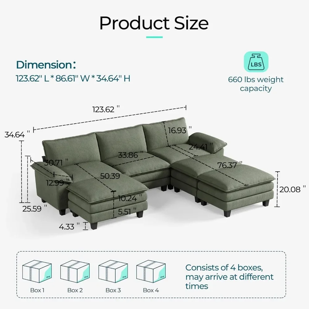 Sectional Sleeper โซฟา - 123 ''Modular Cloud โซฟาขนาดใหญ่ Corduroy โซฟาเตียงเคลื่อนย้ายได้ Ottoman นุ่มโมเดิร์น Comfy โซฟา