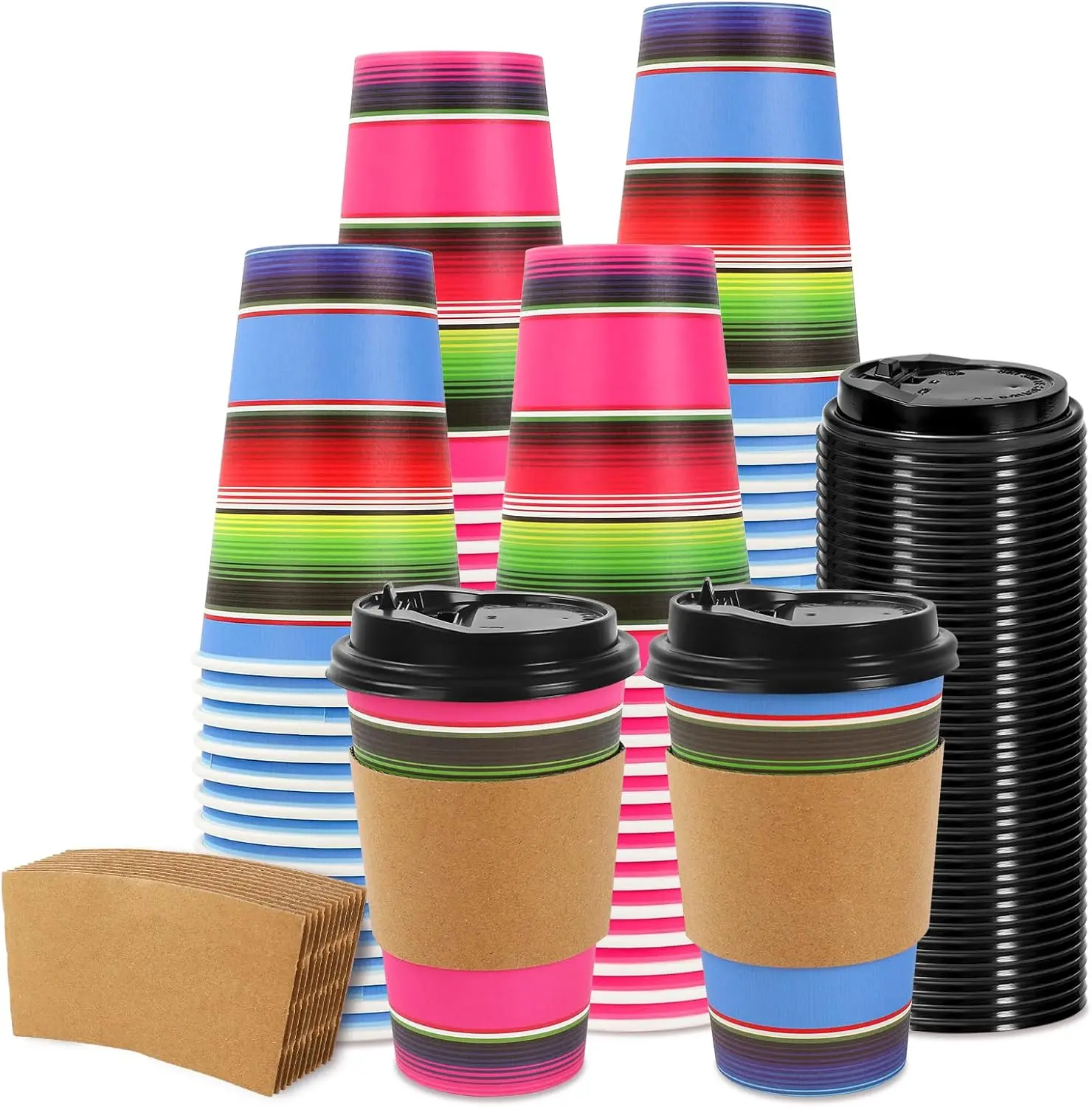 

100 Set Mexican Fiesta Disposable Coffee Cups with Lids Kraft Sleeves Colorful Stripe Paper Drinking Cups for Cinco De M
