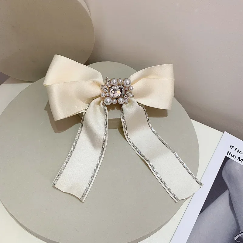 Retro Handmade Ribbon Pearl Bow Hair Clips for Women Crystal Rhinestone Hair Pins Spring Clip Hairpins Korean Hair Accessories