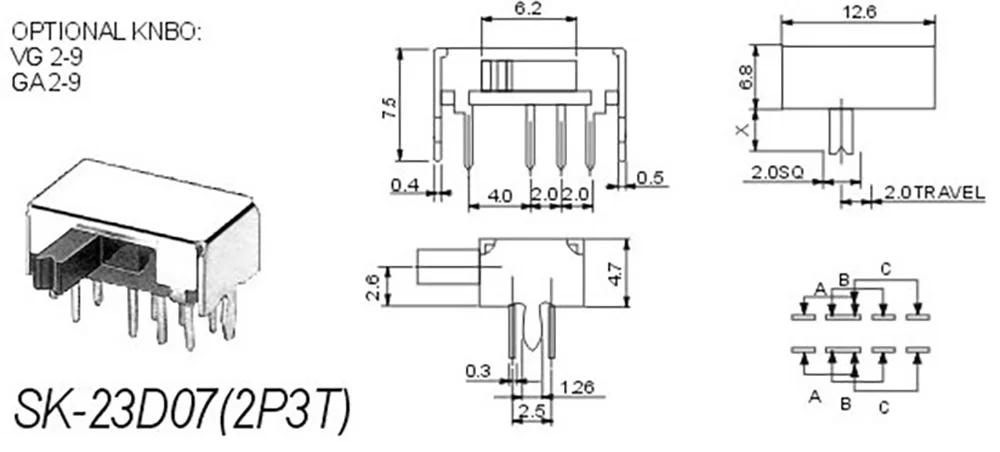 SK23D07 SK23D07VG4 8 Spille PCB 3 Posizione 2P3T DP3T In Miniatura Interruttore A Scorrimento Laterale della Maniglia di Alta 4 millimetri