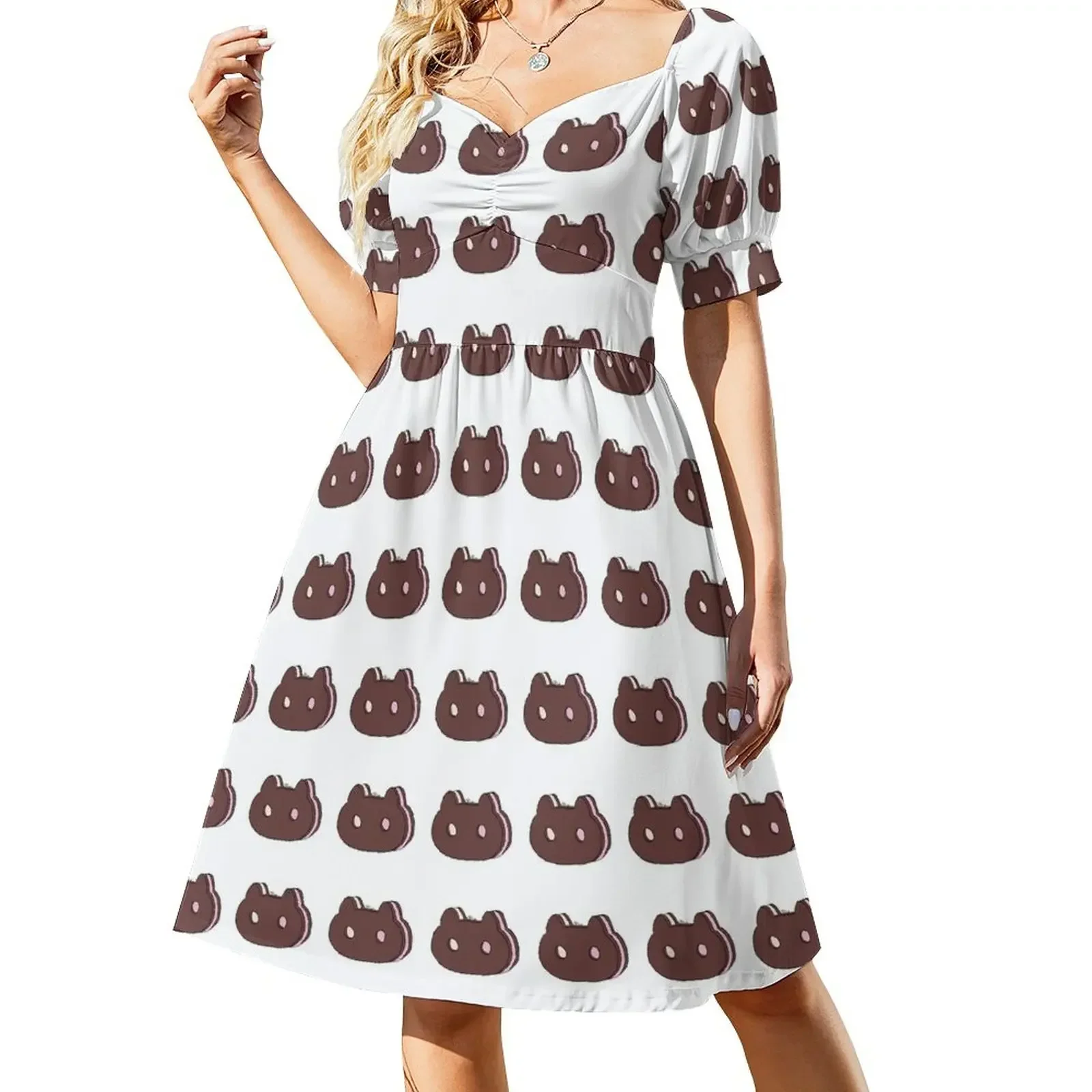 Sukienka Cookie Cat z krótkim rękawem Sukienka dla druhny, kobieca sukienka na studniówkę