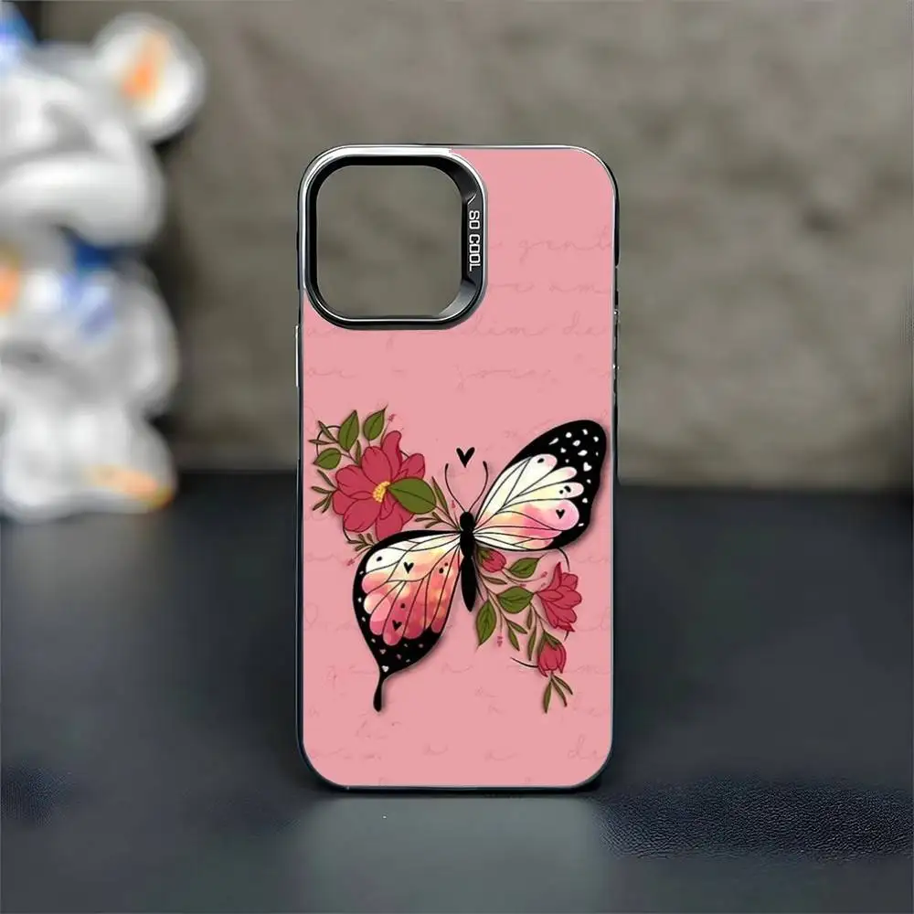Capa de telefone borboleta para iPhone17,16,15,14,13,12,11 Pro Max Blcak colorida banhada a prata dentro da capa de telefone