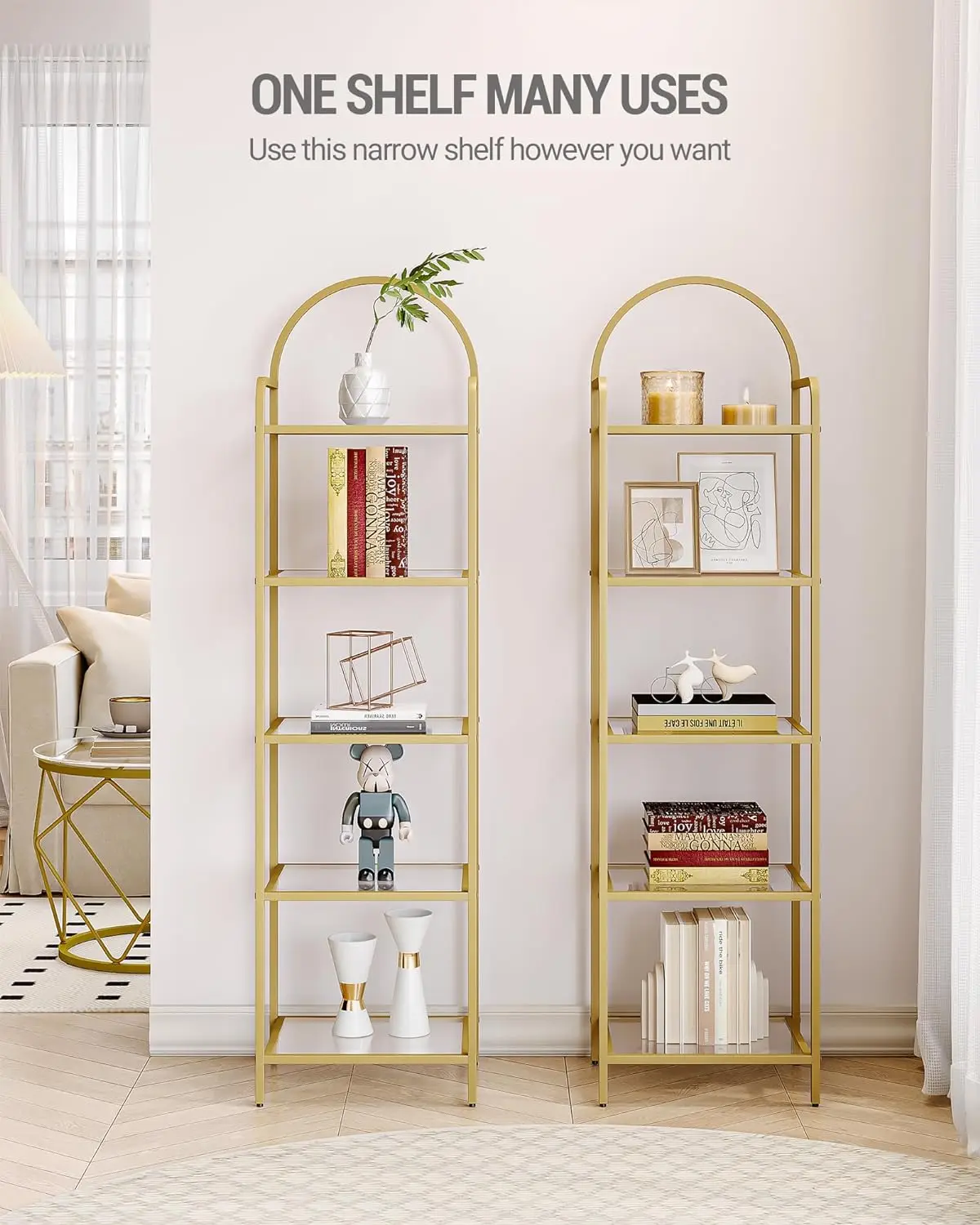 Tempered Glass Bookshelves, Slim Shelving Unit for Bedroom,  Home Office, Steel Frame, 6 Tier Gold BC10601G