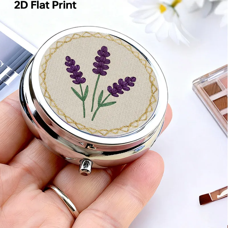 Purple Lavender Floral Embroidery Pattern Round Metal Pill Box, Three-Compartment Portable Travel Pill Box, Small Daily Supplement and Vitamin Pill Box, Compact Storage Container, Stylish Plant Design, Unique Gift for Women