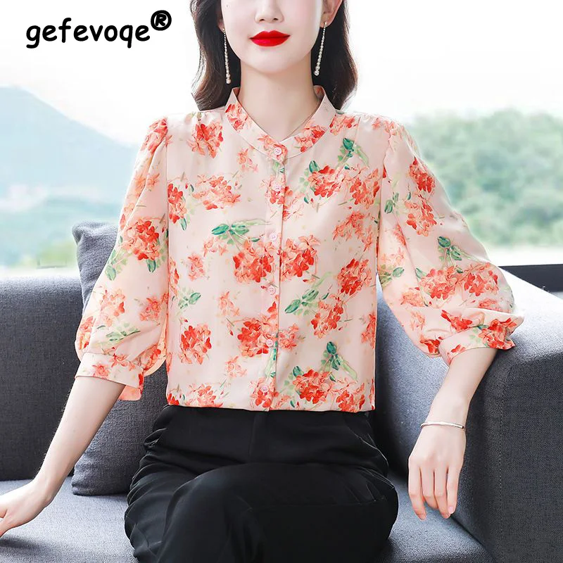 

Fashion Lantern Three Quarter Sleeved Single Breasted Shirt for Women Spring Summer Stand Collar Print Chiffon Loose Blouse