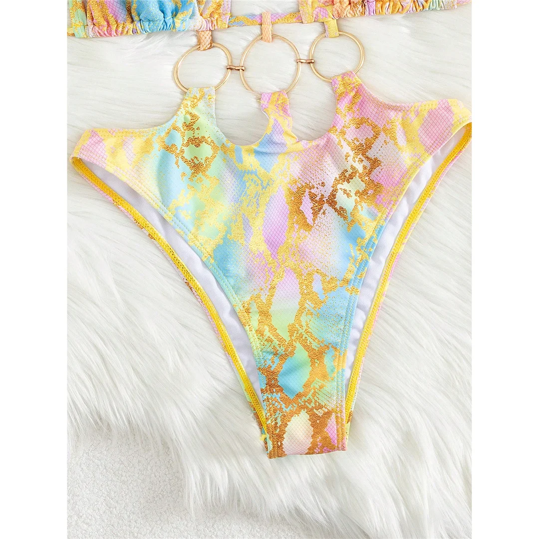 S - XL, bedruckter Badeanzug mit Metallringen, einteiliger Badeanzug für Damen, Damen-Badebekleidung, Monokini, hoher Beinausschnitt, Badeanzug, Badebekleidung, Modell V7721. – Detail 6
