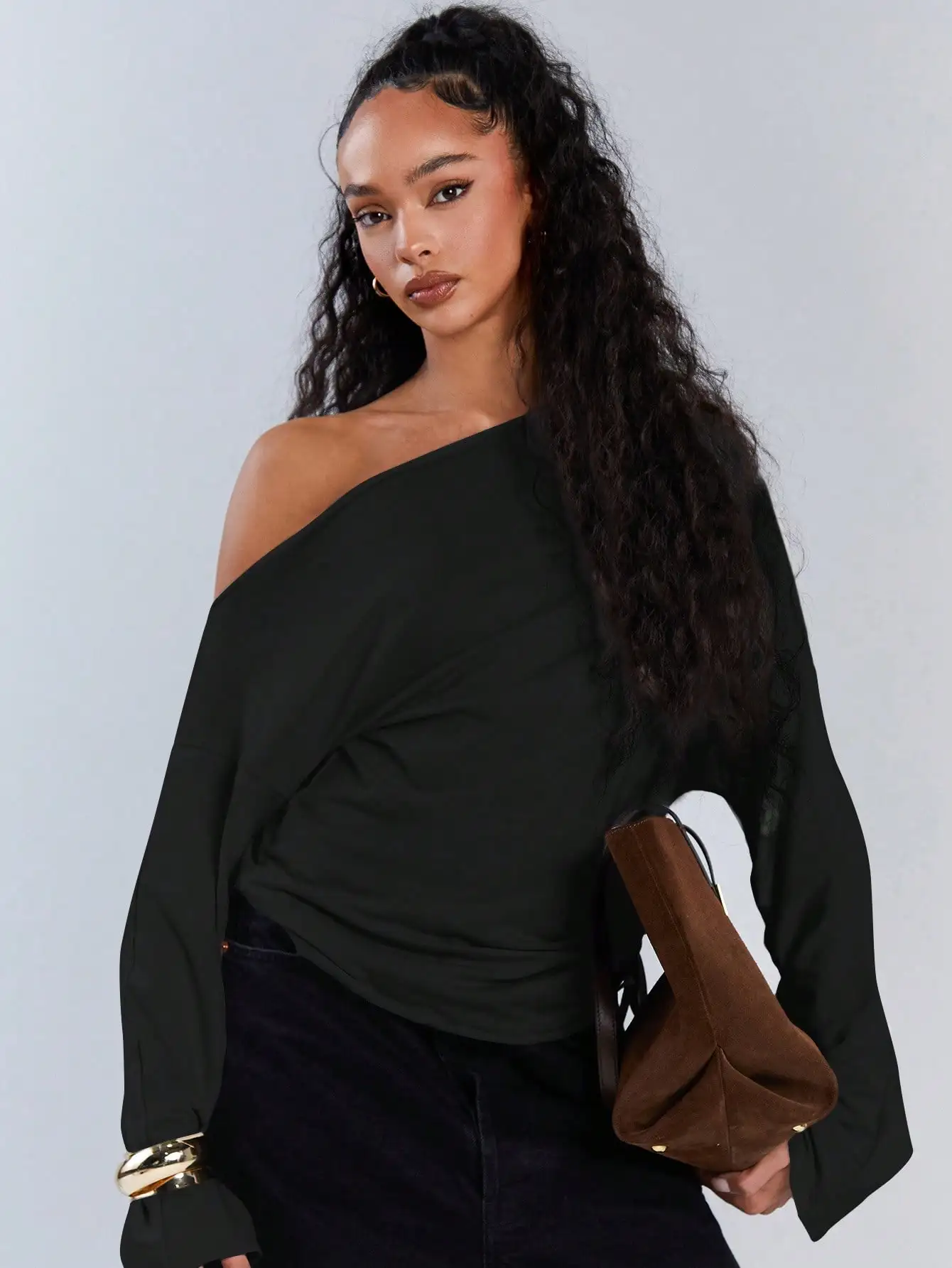 

Women's One Shoulder Asymmetric Long Sleeve Top, Casual Solid Black Blouse for Autumn