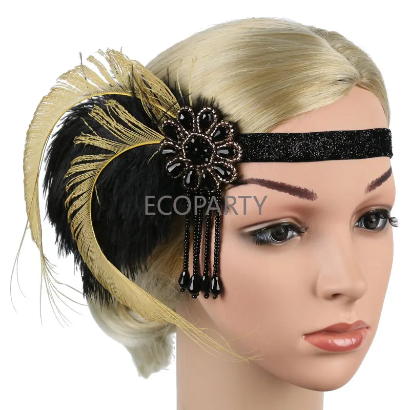 1920s Great Gatsby Party Costume Accessories Set 20s Flapper Feather Headband Pearl Necklace Gloves Cigarette Holder 4 Pcs Set