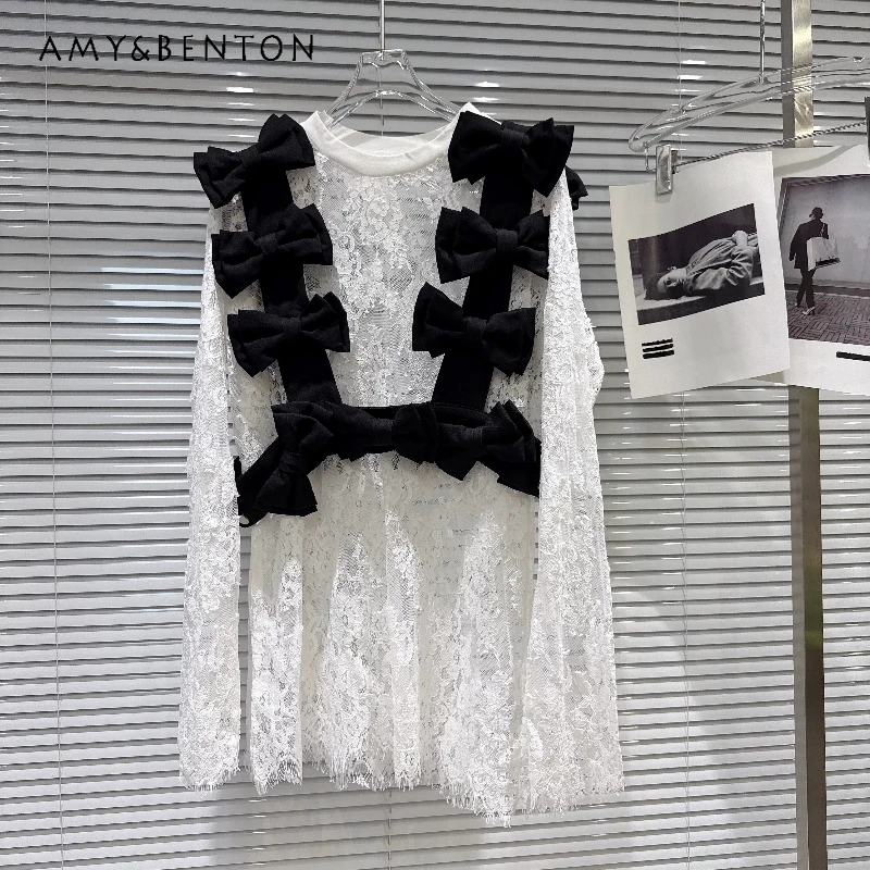 

Sweet Cool Hot Girls Three-dimensional Bow Women's Vests 2026 Summer New Lace Hollow Out Loose T-shirt Two-piece Suit Ladies