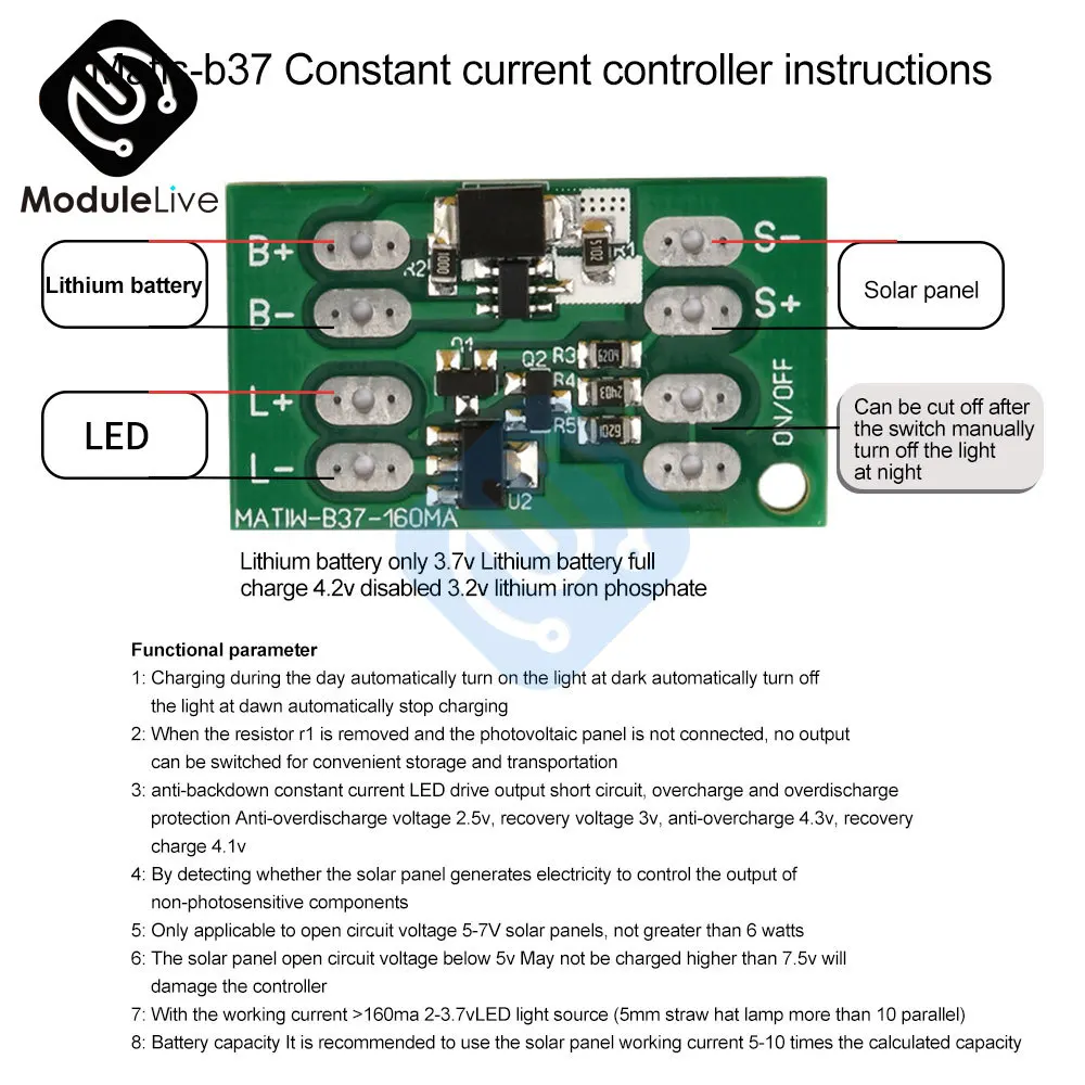 Photovoltaic Solar Controller Courtyard Landscape Light 160ma Constant Current Controller With Lithium Battery Protection Panel