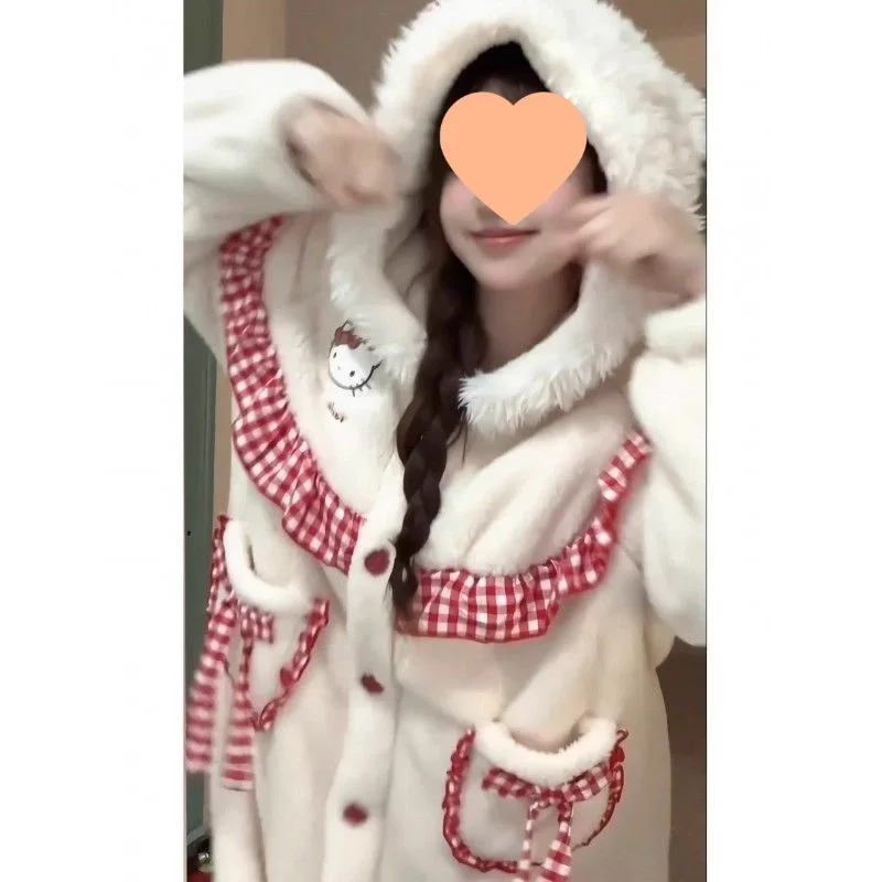 

Горячая Kawaii новая женская одежда для сна Sanrio Hello Kitty, флисовая пижама в клетку, зимняя одежда с карманами, домашняя одежда, теплая цельная ночная рубашка с бантом