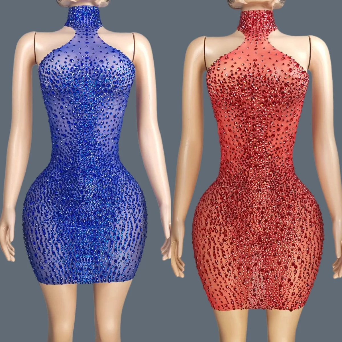 

Sparkly Rhinestone Sleeveless Mini Cocktail Dress Sparkly Rhinestone Crystals See Through Mesh Sexy Women Party Outfit Jianbian
