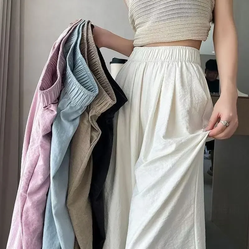 Summer Thin Texture Casual Straight Leg Pants Women's Loose Drapey Wide Leg Pants Comfortable High Waist Elastic Waistband