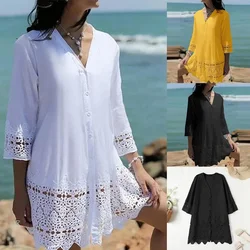 Women's S-3XL size Summer New Women's Shirt Dress European and American Sexy Hollow Lace Sun Protection Shirt Beach Dress