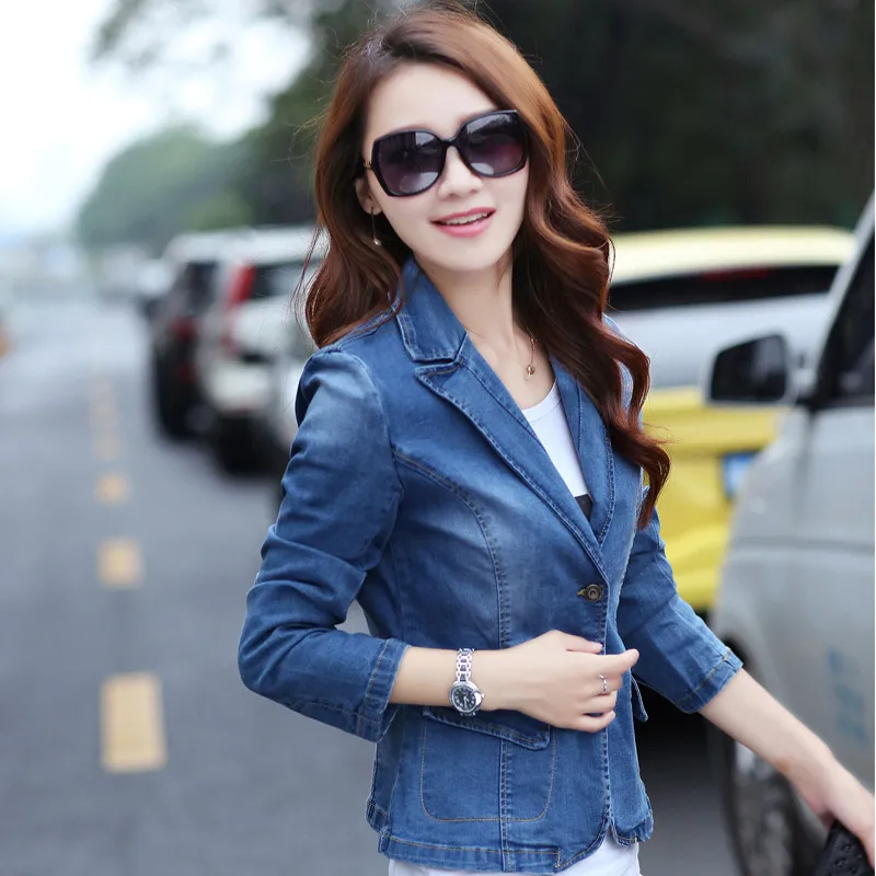 Autumn Short Style Blue Denim Blazer Femme Plus Size Long-sleeved One Button Vintage Jeans Jacket Women Slim Coat