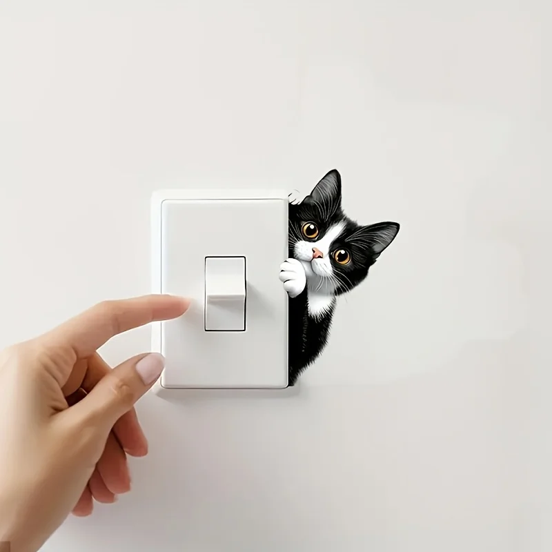 1pc Cute Black & White Cat Switch Cover Self-Adhesive Vinyl Wall Decal for Switches and Outlets, Removable, Glossy Finish Decor