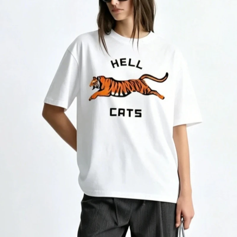 American Vintage Jumping Tiger Print T-Shirt Animal Graphic White Oversized Tee Streetwear Pure Cotton White Shirts for Women