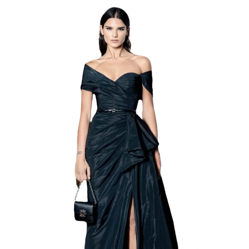 Sexy Off-The-Shoulder Evening Dress With High Slits And A-line Skirt With Pleats At The Waist And A Smart Bow Tie Party Dress