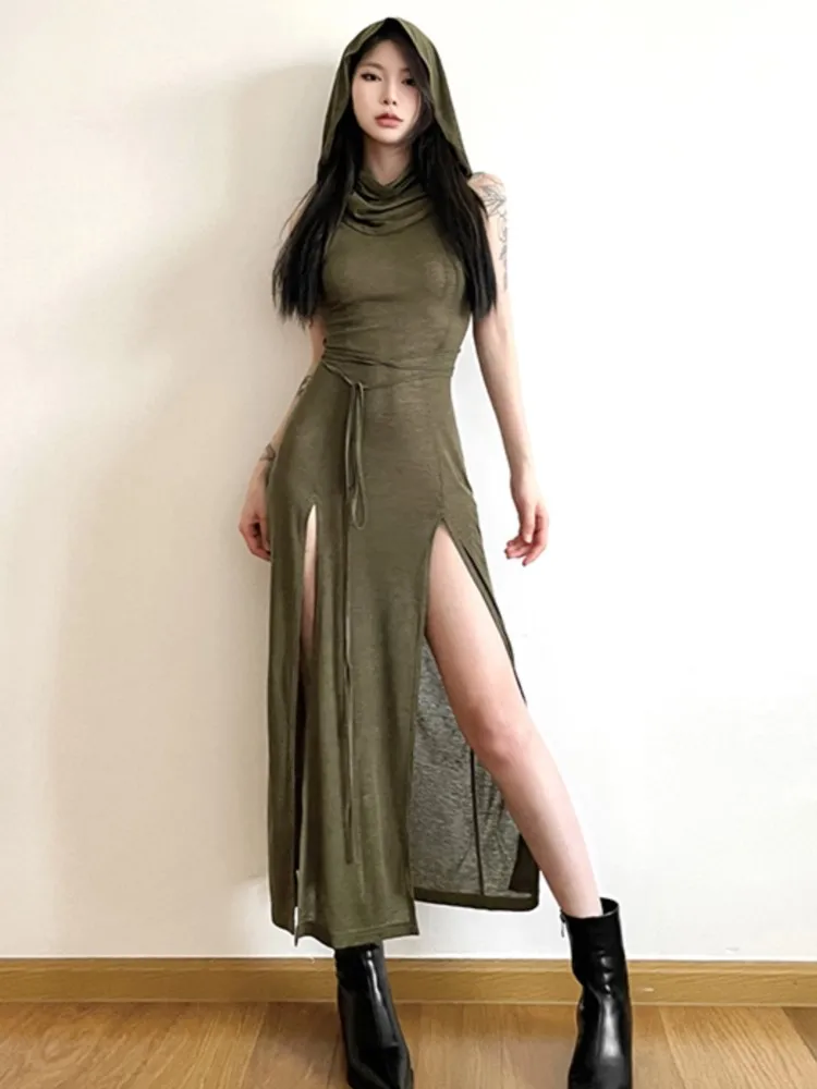 Black Y2k Hooded Sleeveless Long Dresses Women Lace Up Cut Out Backless Dress Streetwear Summer High Split Vestidos Cool Girl