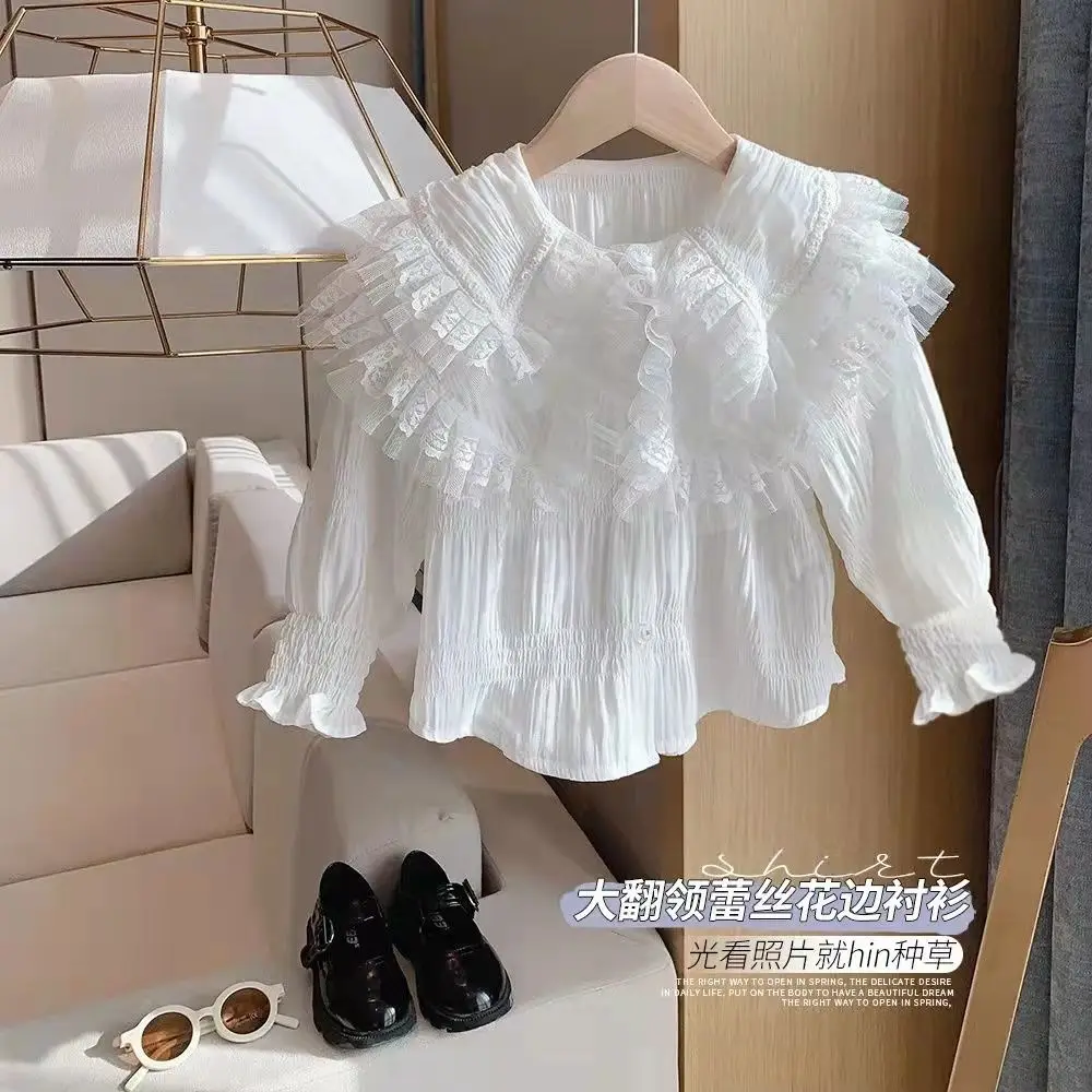 Girls' Shirt 2025 New Spring and Autumn Western Style Top Fashionable Student Baby Long Sleeve White Doll Collar Princess