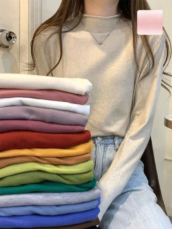 

Loose Long Sve Knitted Sweater Color High Collar Women's Top Casual Sle Winter New Arrival Inner Wear Base Layer