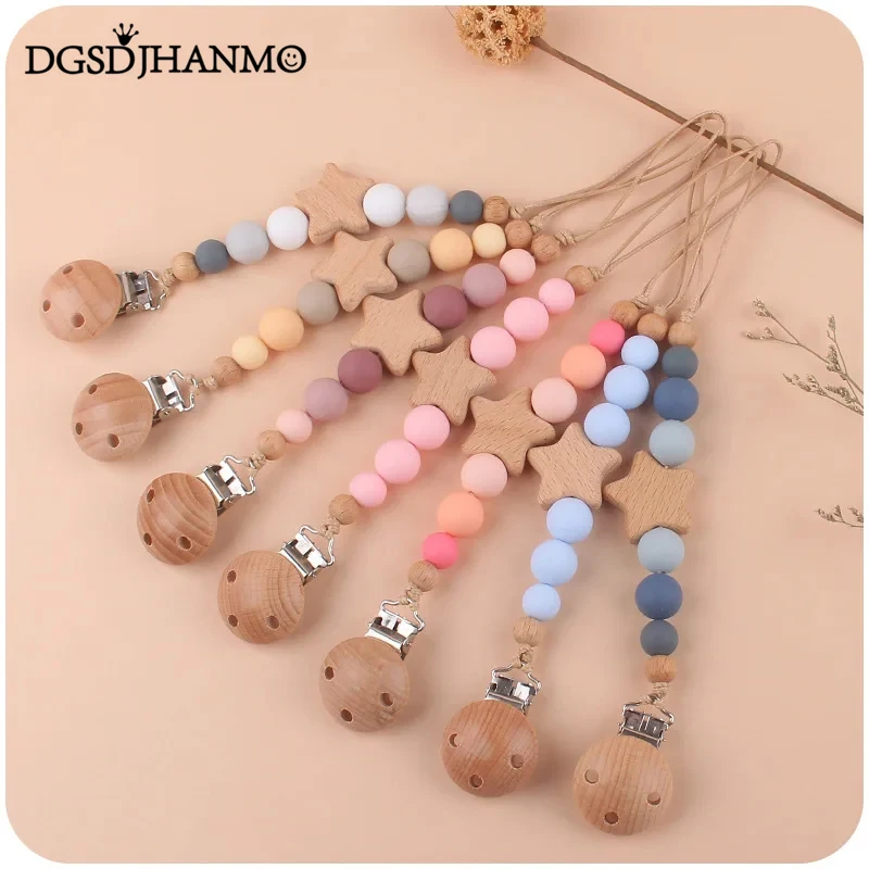 Baby Nipple Chain beech Wooden Pacifier Clip For Silicone beads Teething  Soother Chain Baby Care Toy Supplies accessory