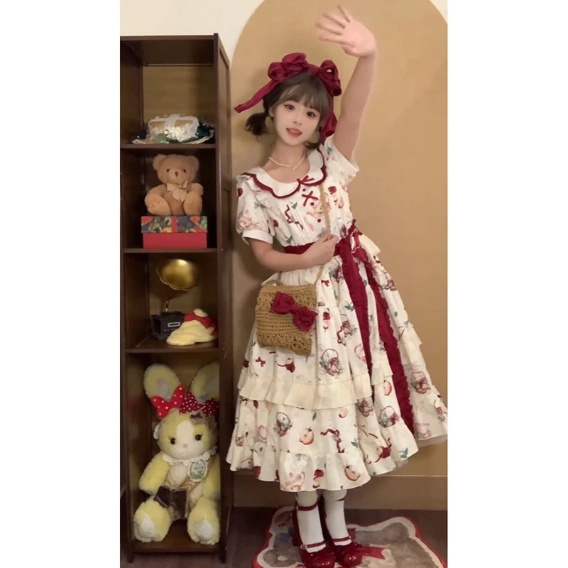 Japão doce lolita peter pan colarinho vestido de verão arco dos desenhos animados vestido bonito kawaii em camadas cascata shorts manga festa vestidos