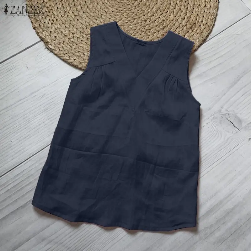 Summer Woman Breathable Cotton Linen Tank Top V-Neck Gathered Details Sleeveless Tops ZANZEA Daily Casual Vacation Beach Blouses
