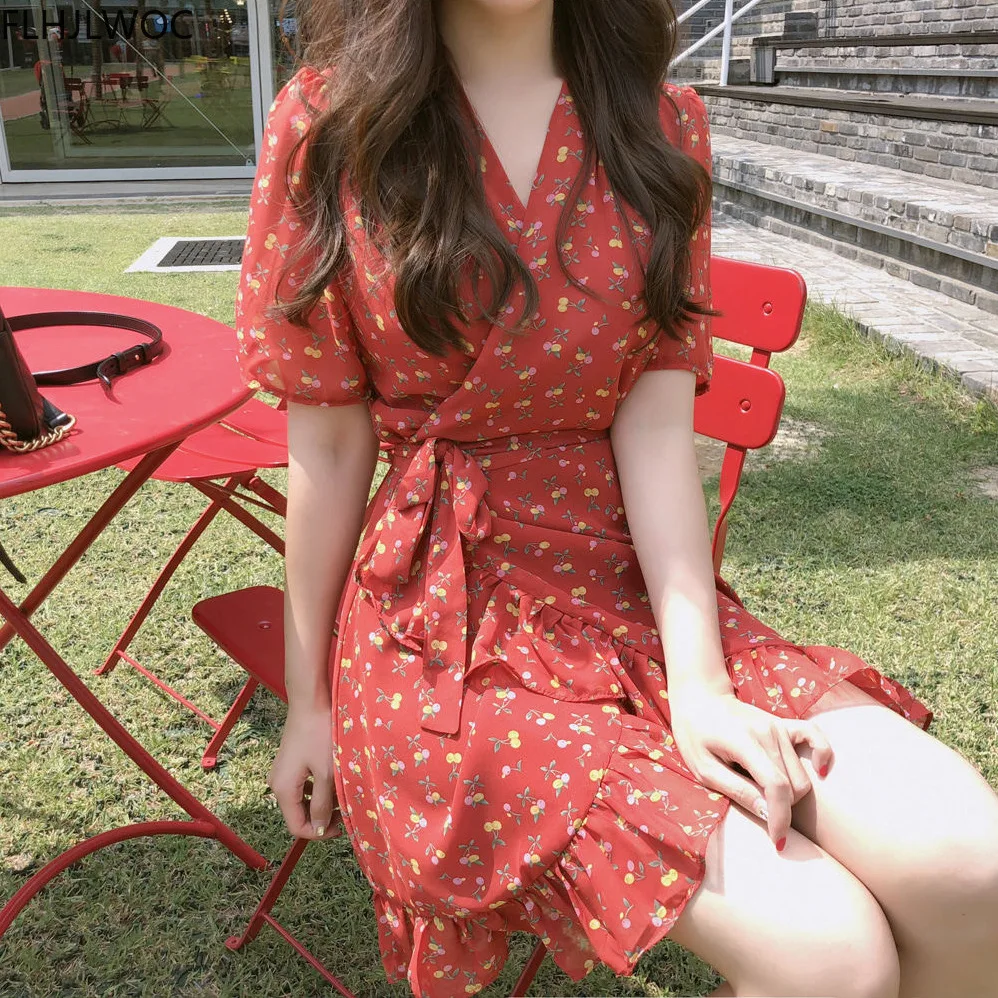 V Neck Dresses Women Japan Korean Design Short Sleeve Cute Sweet Girls Slim Waist Belt Bow Tie Floral Printed Chiffon Dress